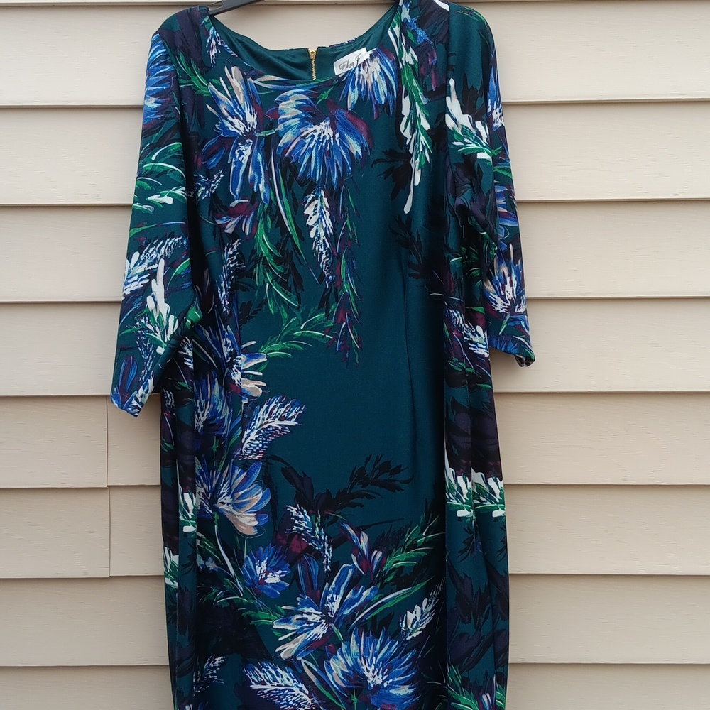 ELIZA J Green Floral Print Dress with 3/4 Sleeve & Back Zipper - 18W - Picture 3 of 9